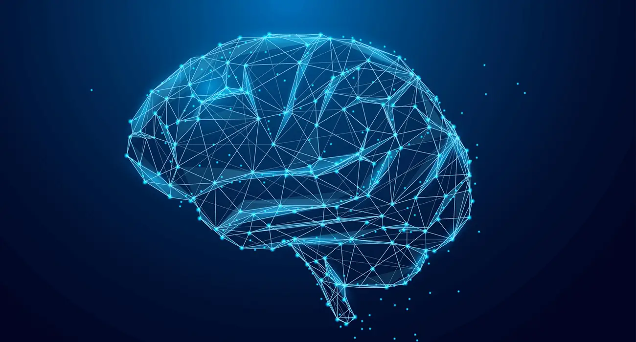Abstract digital illustration of a human brain made of glowing blue network connections, symbolizing advanced neurosurgery and care from the best brain surgeon for brain aneurysm in Los Angeles.