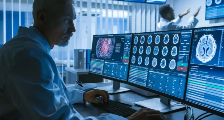 Neurosurgeon reviewing MRI images to evaluate a suspected schwannoma near a nerve