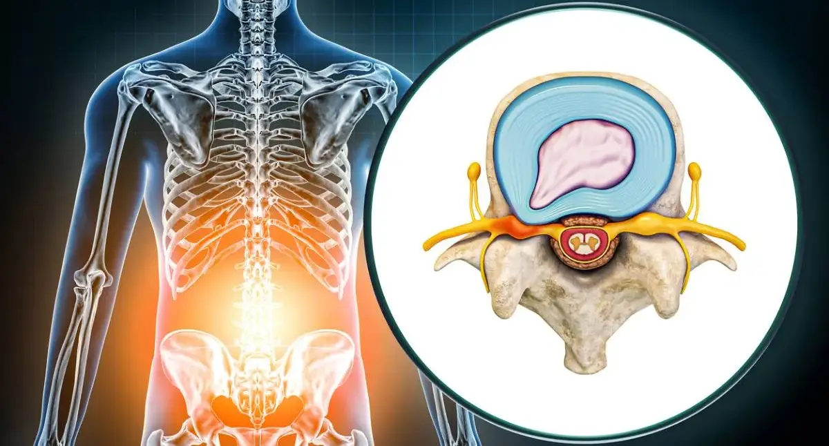 Illustration of a lumbar herniated disc compressing a spinal nerve root and causing leg pain
