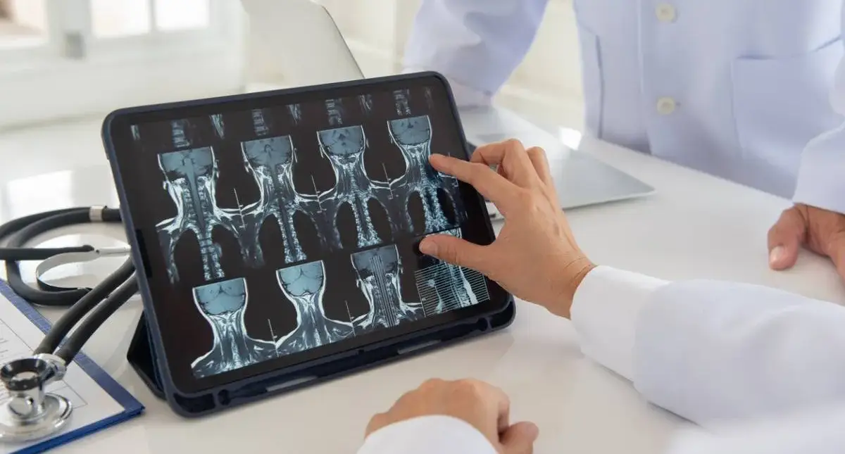Physician reviewing a spinal MRI for a possible spinal tumor
