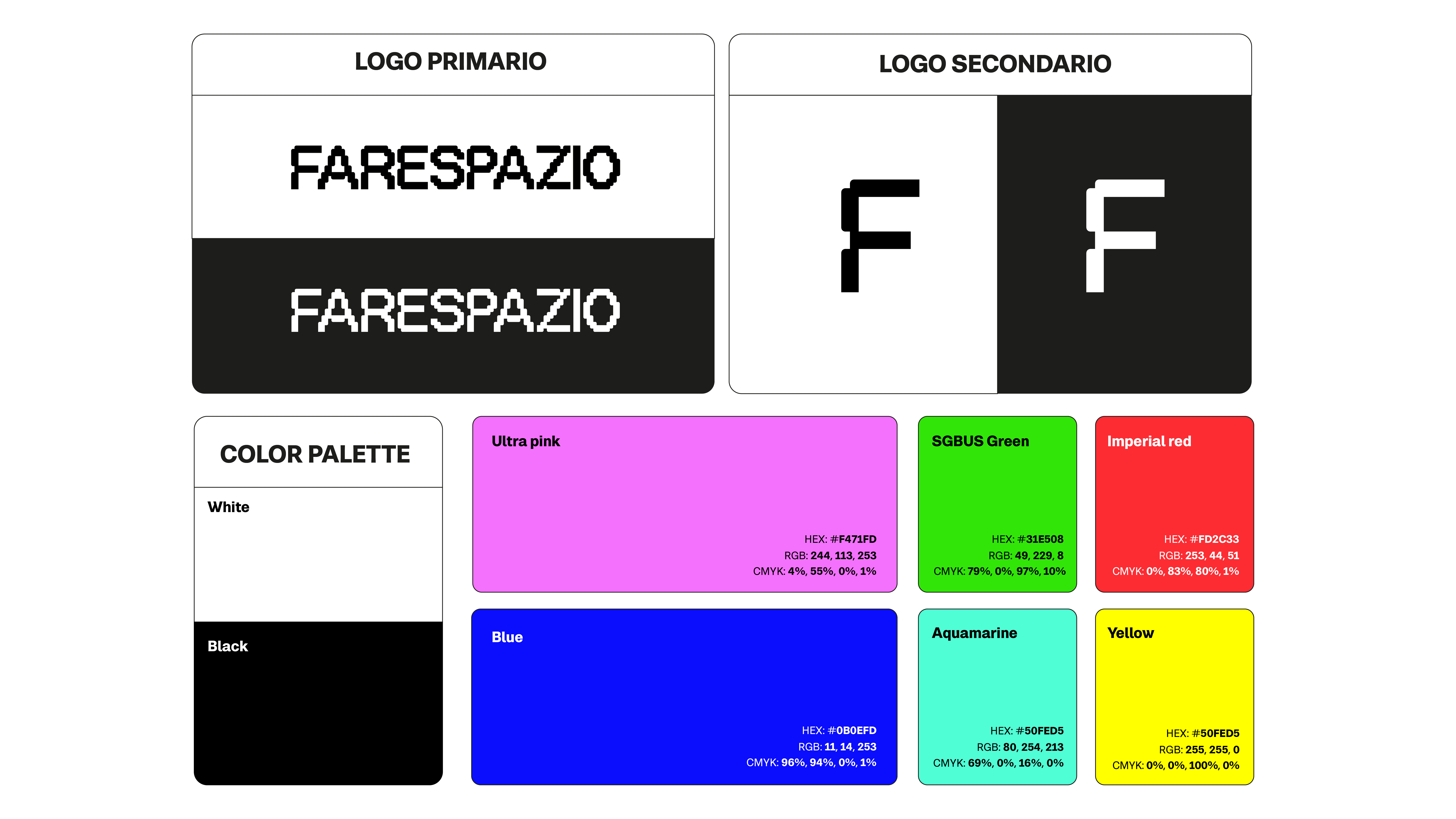 Brand identity manual logo design palette colori Fare Spazio sistema identità visiva