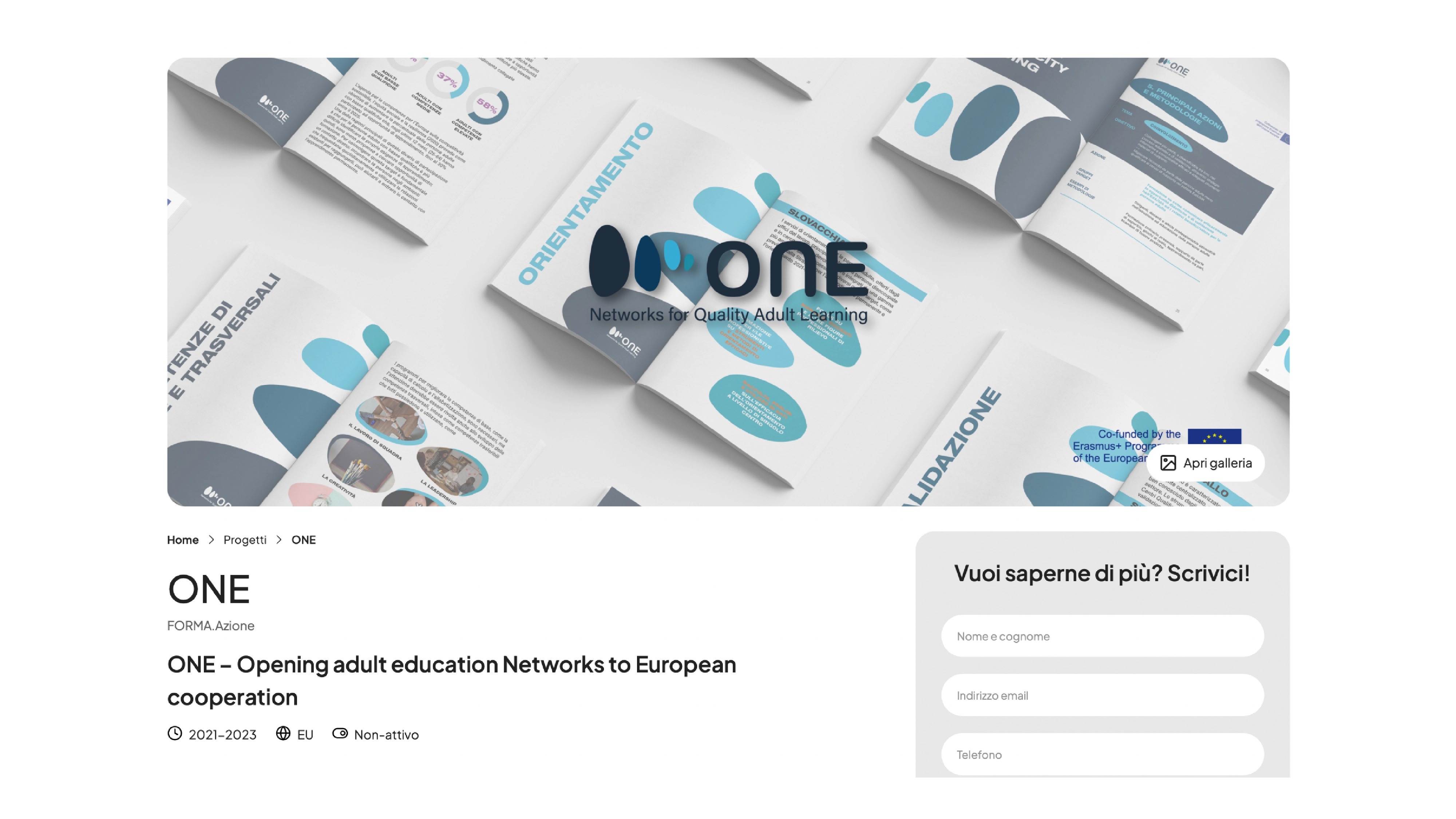 pagina progetto del sito web graphic design e Editorial design brochure progetto europeo ONE materiali comunicazione coordinati print