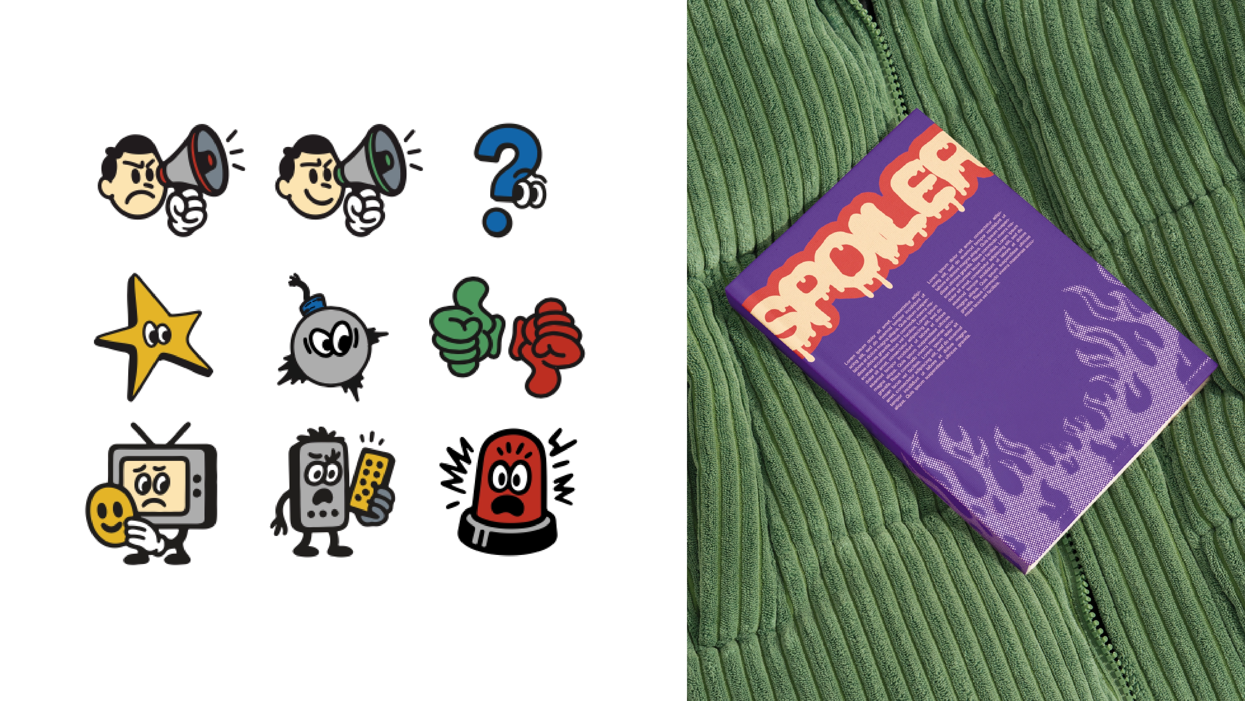 Iconografia cartoon e editorial design materiali stampa stile anni 90 vintage seratina nerd