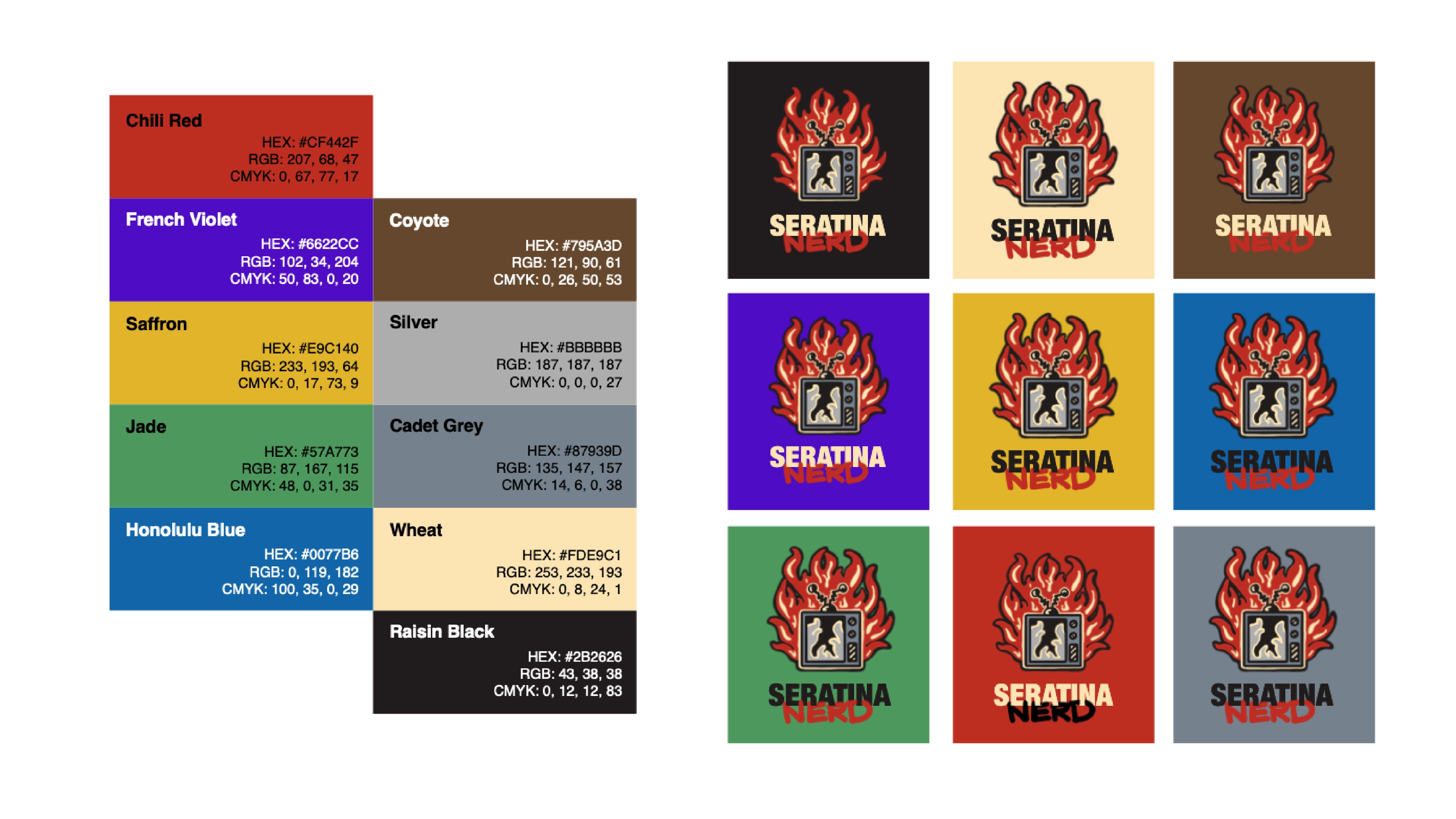 seratina nerd Brand identity system palette colori e applicazioni logo design multicolore vintage