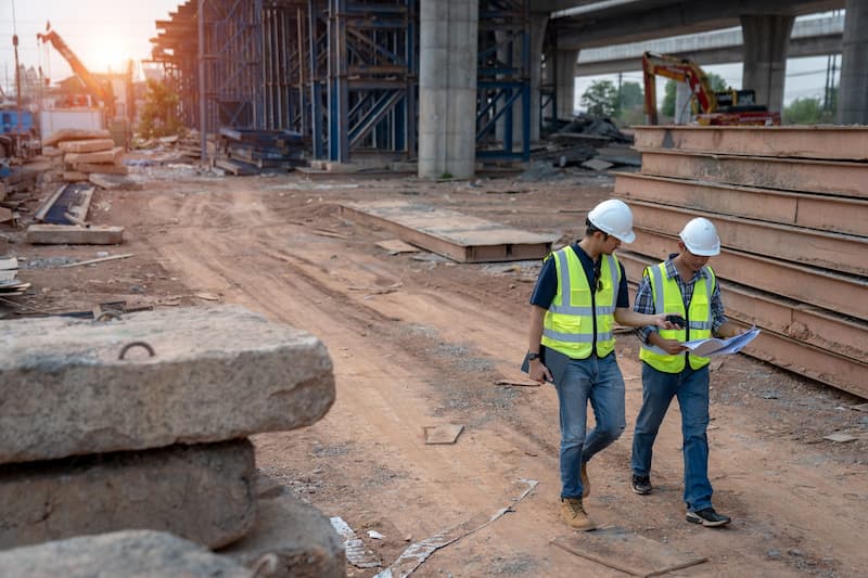 Construction team reviewing a contract on the field