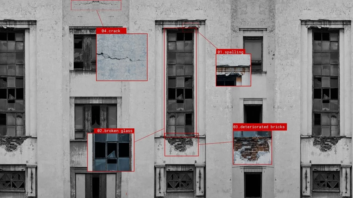 A deteriorated building facade with labeled defects including spalling concrete, broken glass windows, deteriorated bricks, and wall cracks.