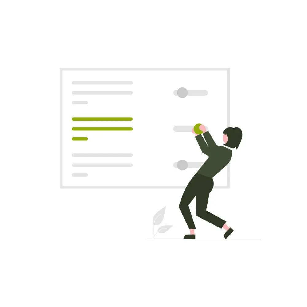 Illustration of a person adjusting sliders on a large settings panel with highlighted lines.