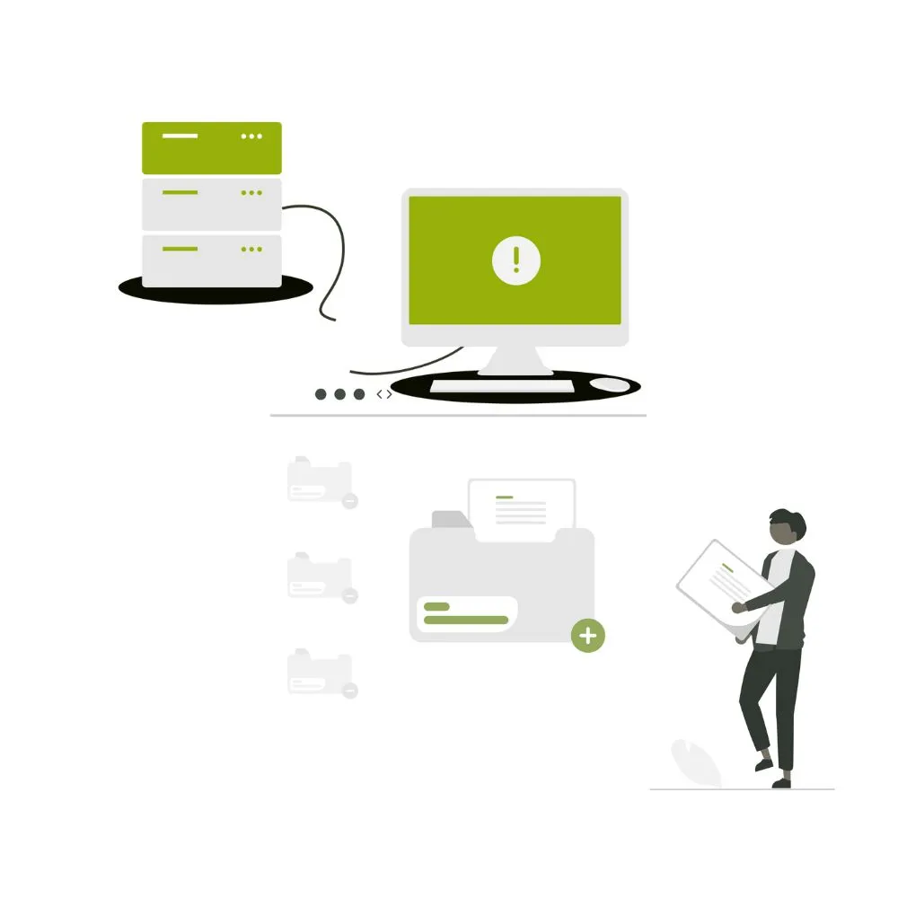Illustration of a computer with an exclamation mark on screen disconnected from a server, folders, and a person holding a document, representing disconnected systems.
