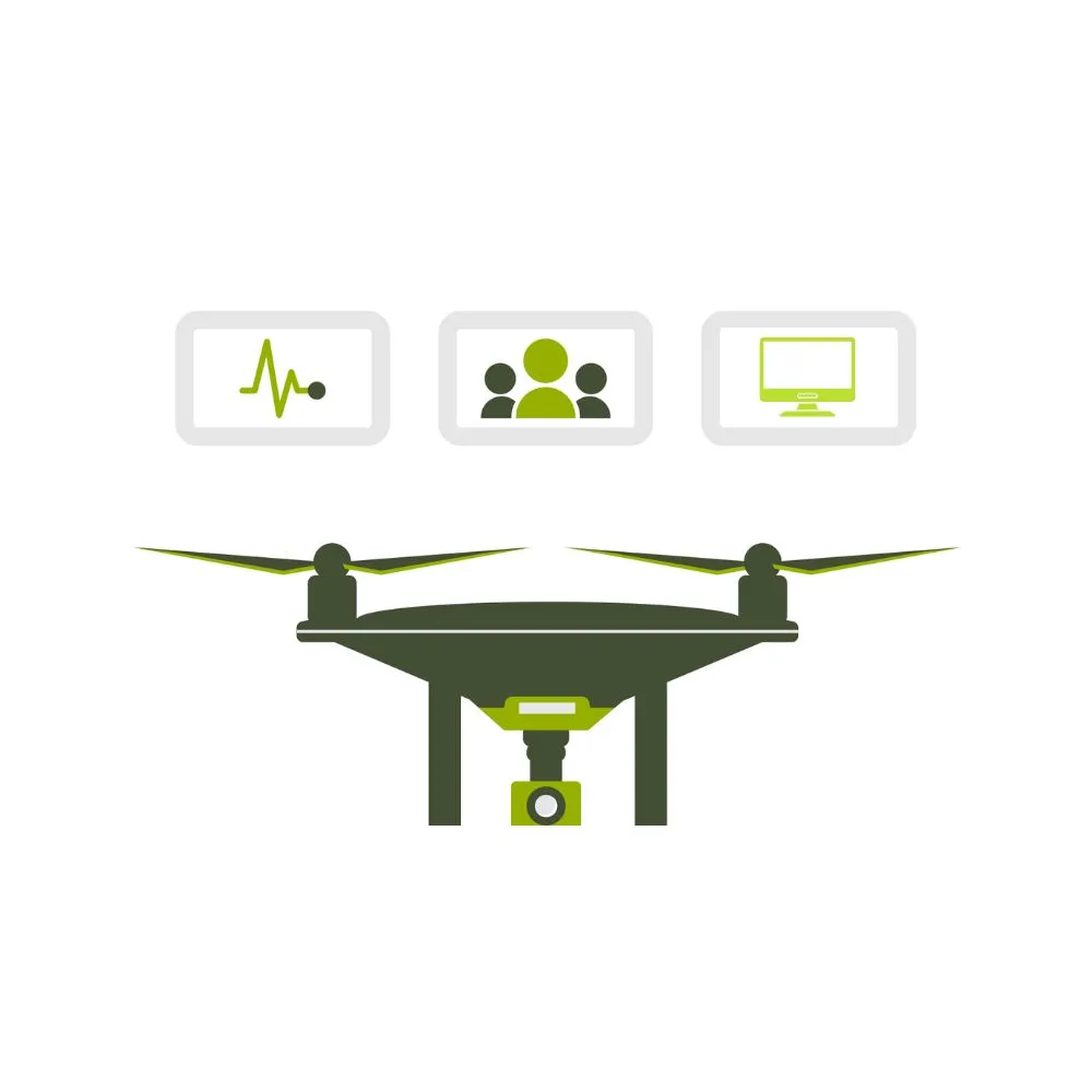 Graphic of a drone with camera below and three icons above showing a heartbeat line, group of people, and a computer monitor.