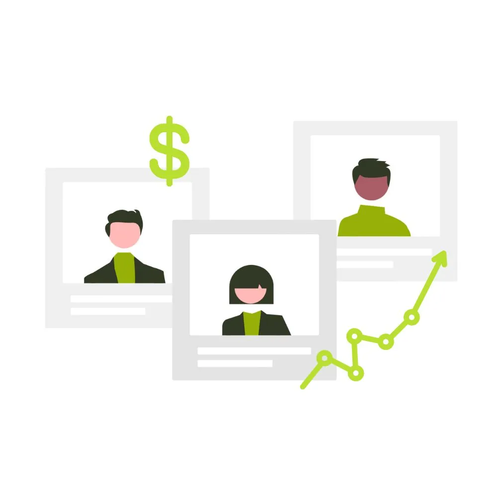 Illustration of three stylized profile cards of professionals with a rising line chart and a dollar sign symbolizing financial growth or expert advisory.