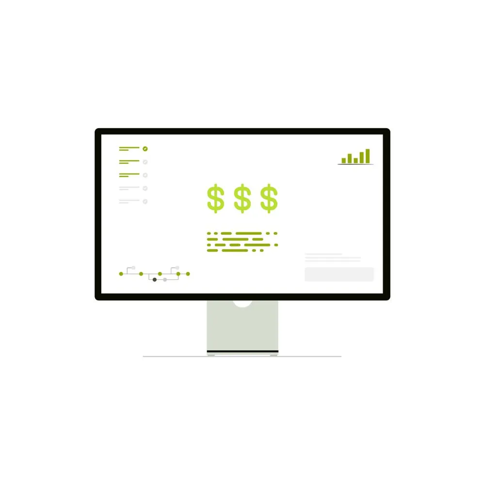 Computer monitor displaying dollar signs with charts and graphs representing financial data.