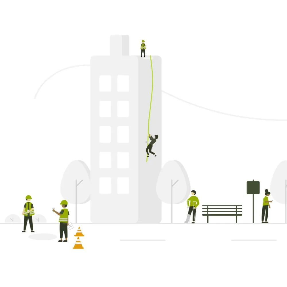 Illustration of a worker climbing down a rope from a building while others, including safety personnel with helmets and vests, stand nearby.
