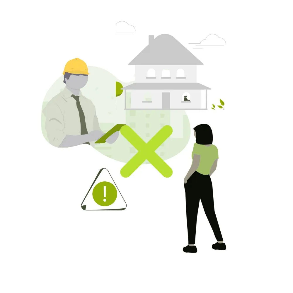 Illustration of a woman looking at a construction worker with a tablet, a house, a large green X, and a warning sign with an exclamation mark.