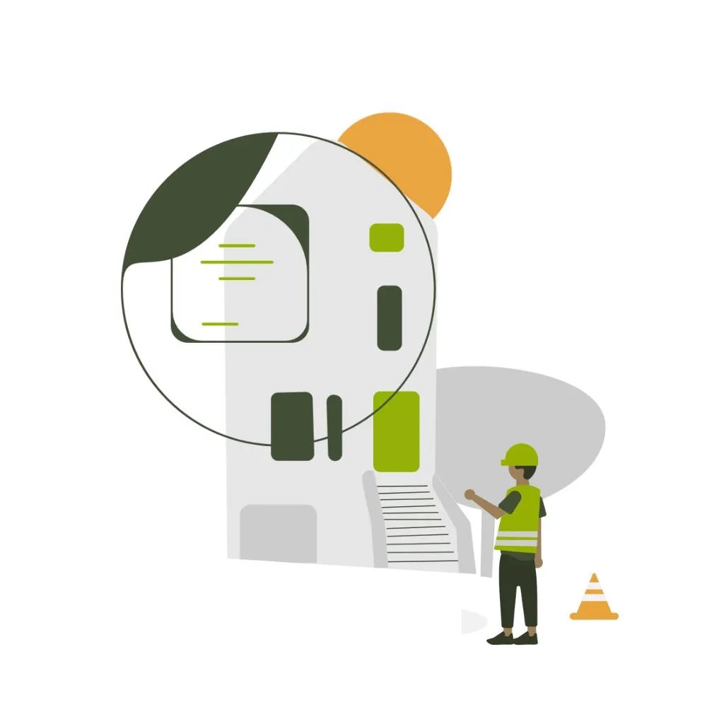 Illustration of a worker in safety vest and helmet inspecting a house with an enlarged document and checklist icons above.