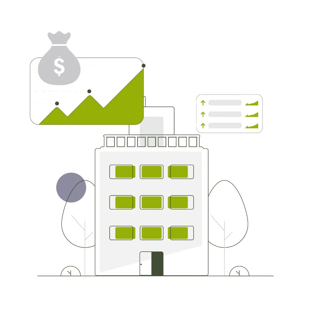 Illustration of a building with rising green financial graphs and a money bag icon above it.
