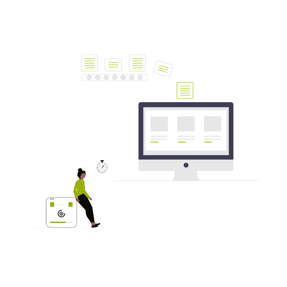 Illustration of a person sitting next to a loading progress icon with floating documents moving towards a computer screen displaying file previews.