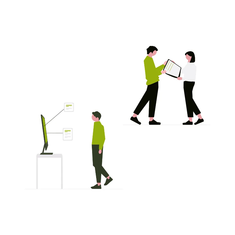 Illustration of two scenes: one person viewing document previews on a computer screen, another two people exchanging a large document.