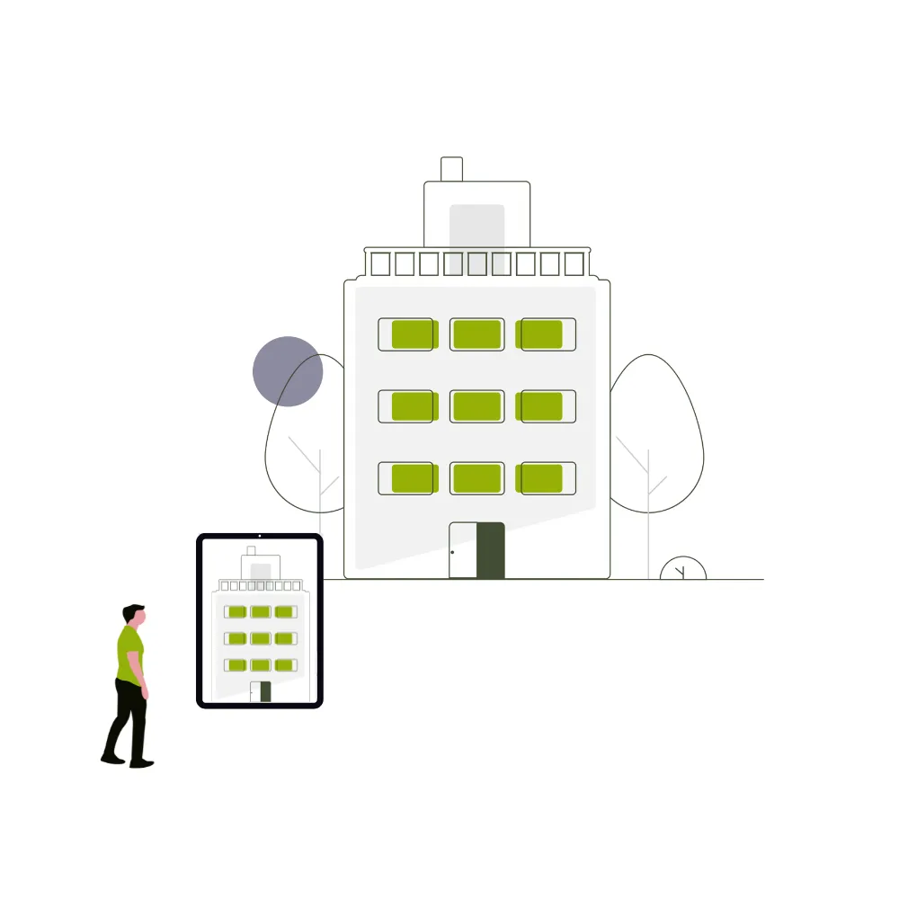 Man working on architectural 3D model of a house on a computer with blueprints, a drone, and a safety helmet on the desk.