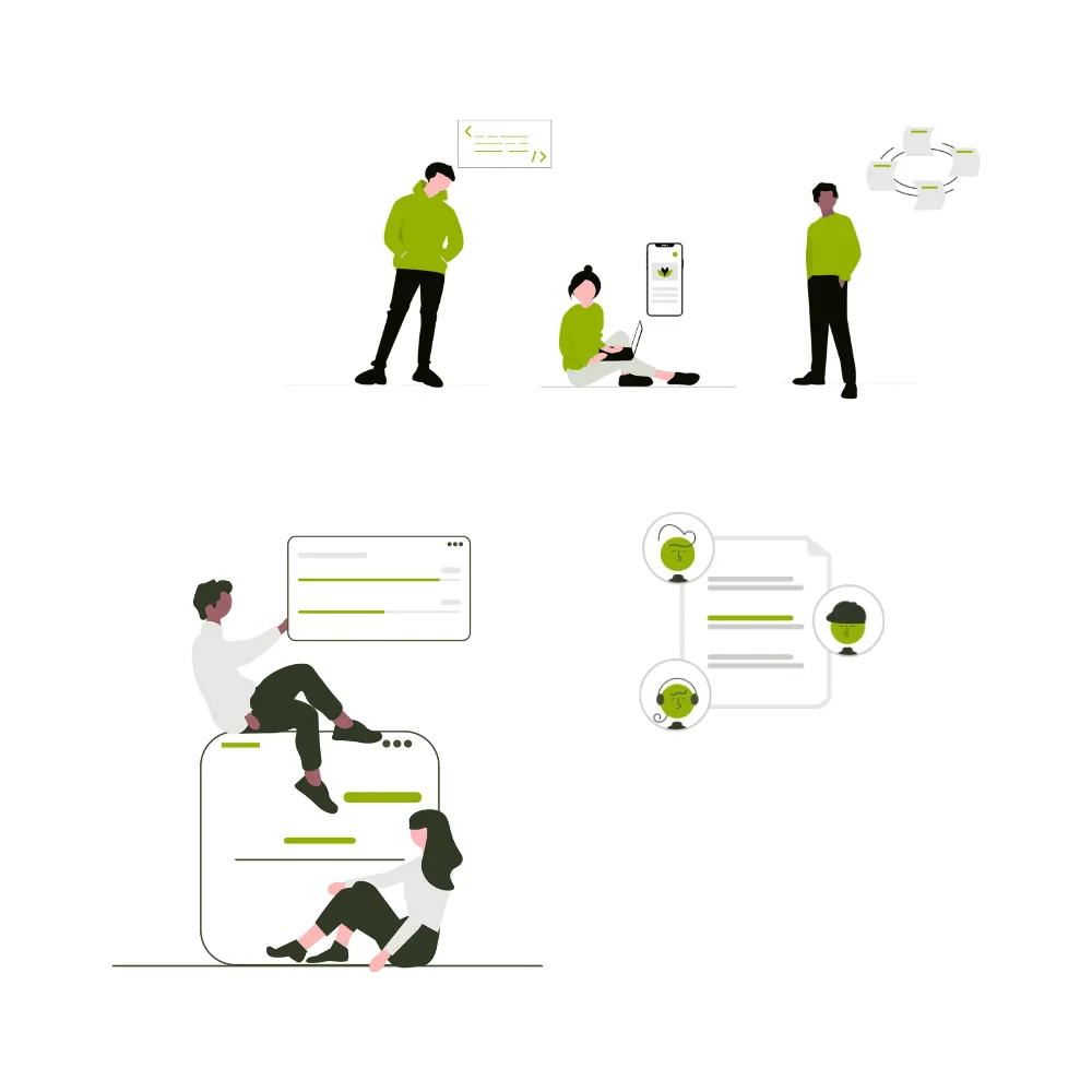 Illustration of one person examining a computer screen with notes and two people exchanging a document.