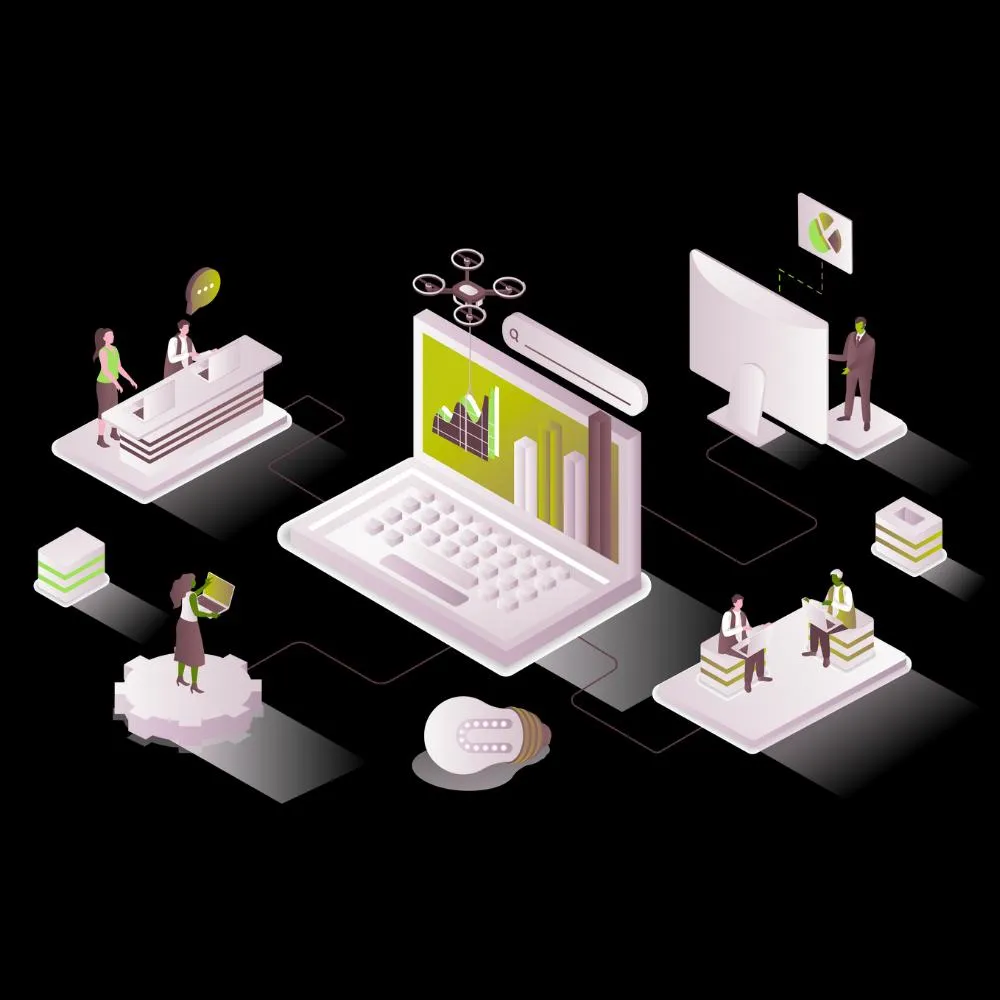 Isometric illustration showing people working with digital devices, a laptop displaying charts, a large monitor, and collaborative tech elements interconnected on a black background.