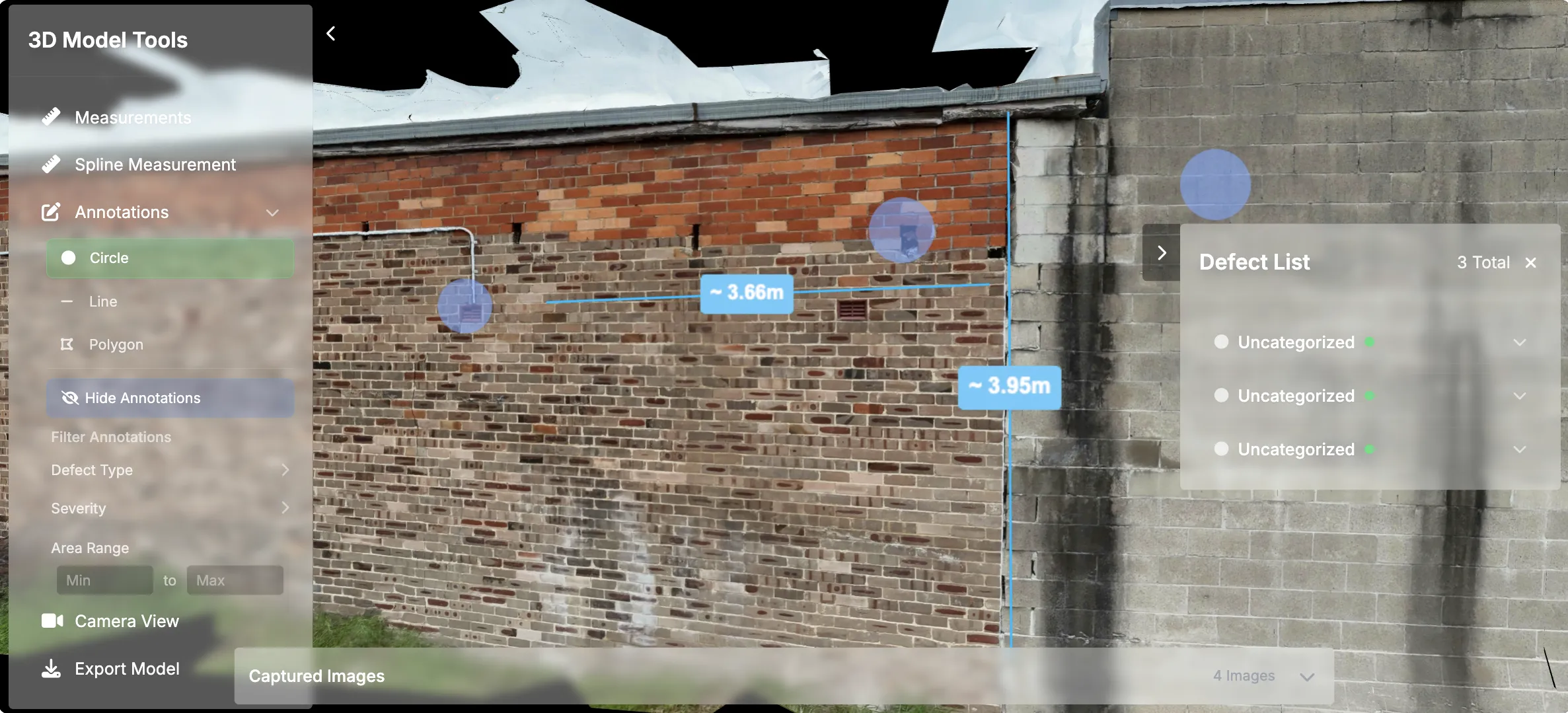 Interface overlay showing 3D model tools with measurement annotations on a brick wall, indicating dimensions around 3.66m and 3.95m, and a defect list panel with three uncategorized defects.