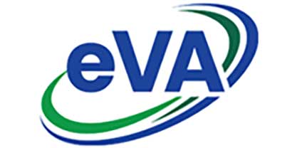 Logo with the text 'eVA' encircled by green and blue swoosh shapes.