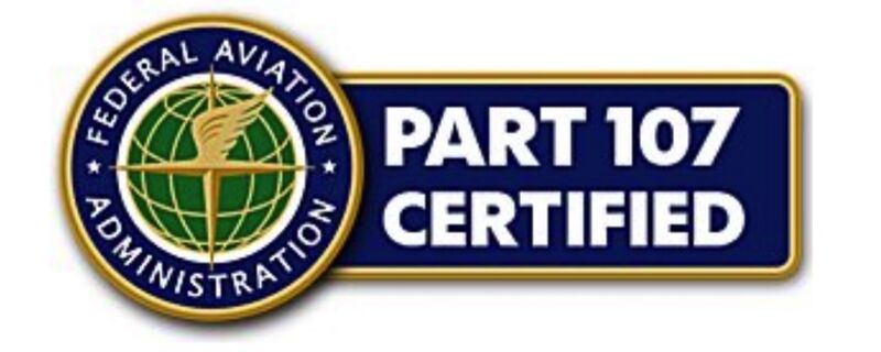 Federal Aviation Administration logo with text Part 107 Certified on a blue and gold badge.