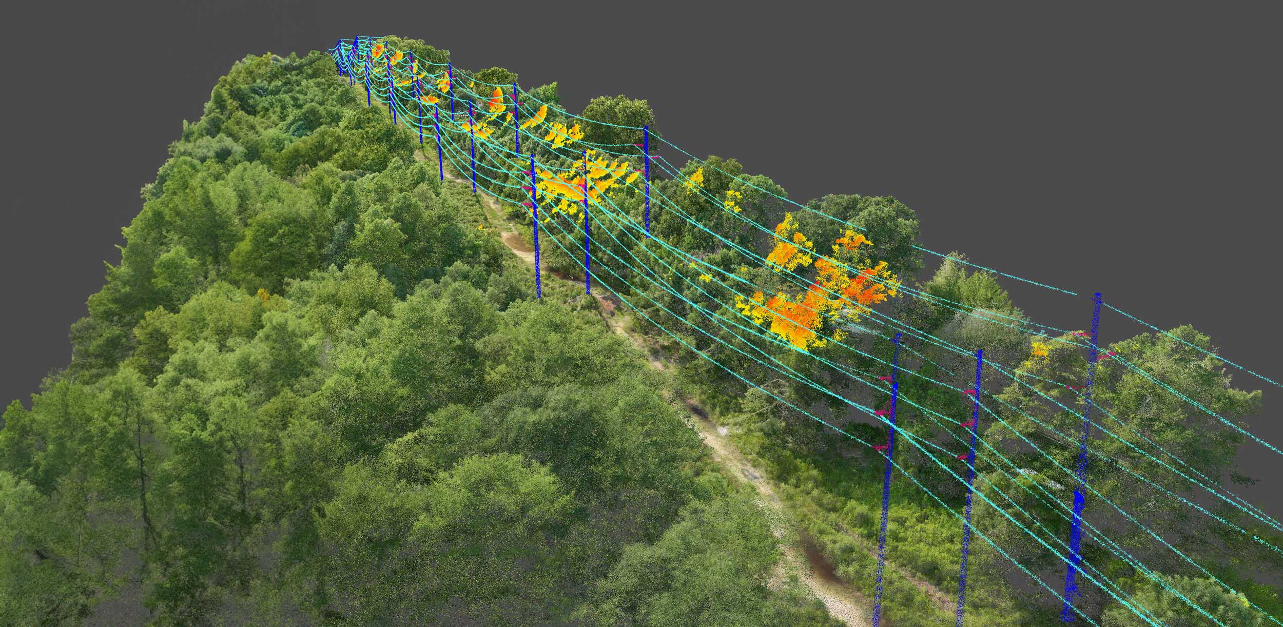 3D LiDAR scan showing power lines with vegetation encroaching, highlighted in orange and yellow.