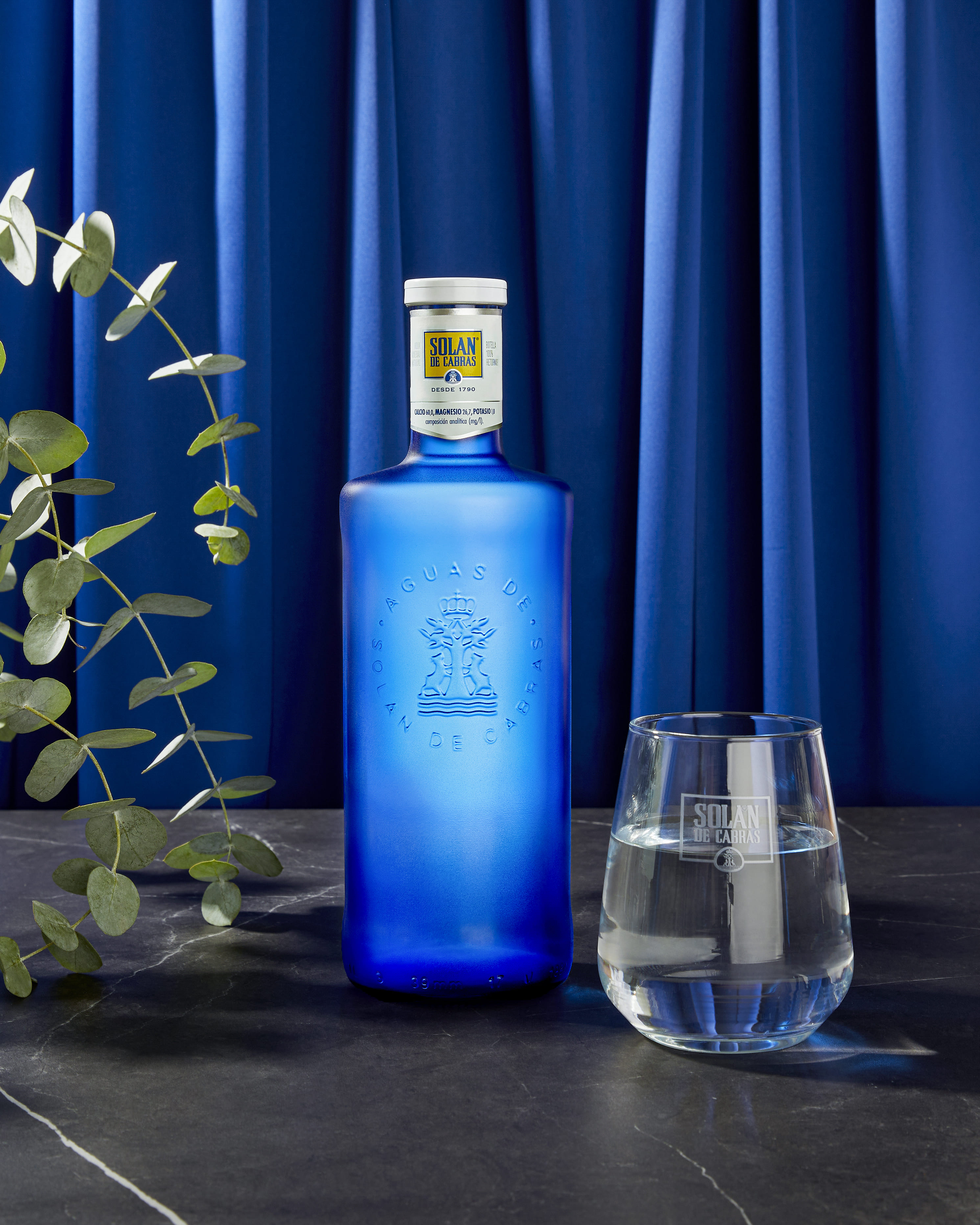 Blue frosted bottle of Solán de Cabras mineral water next to a glass filled with water, set against a blue curtain backdrop and a green plant on the left.