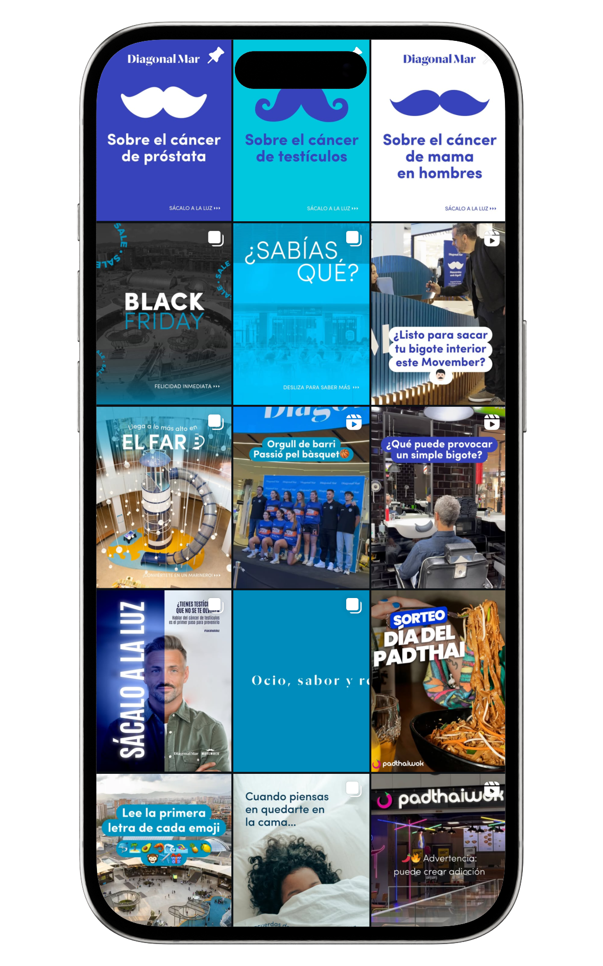 Smartphone screen showing a grid of Instagram posts in Spanish about men's health topics, including prostate and testicular cancer, Black Friday, Movember mustache campaign, basketball team photo, and food promotion.
