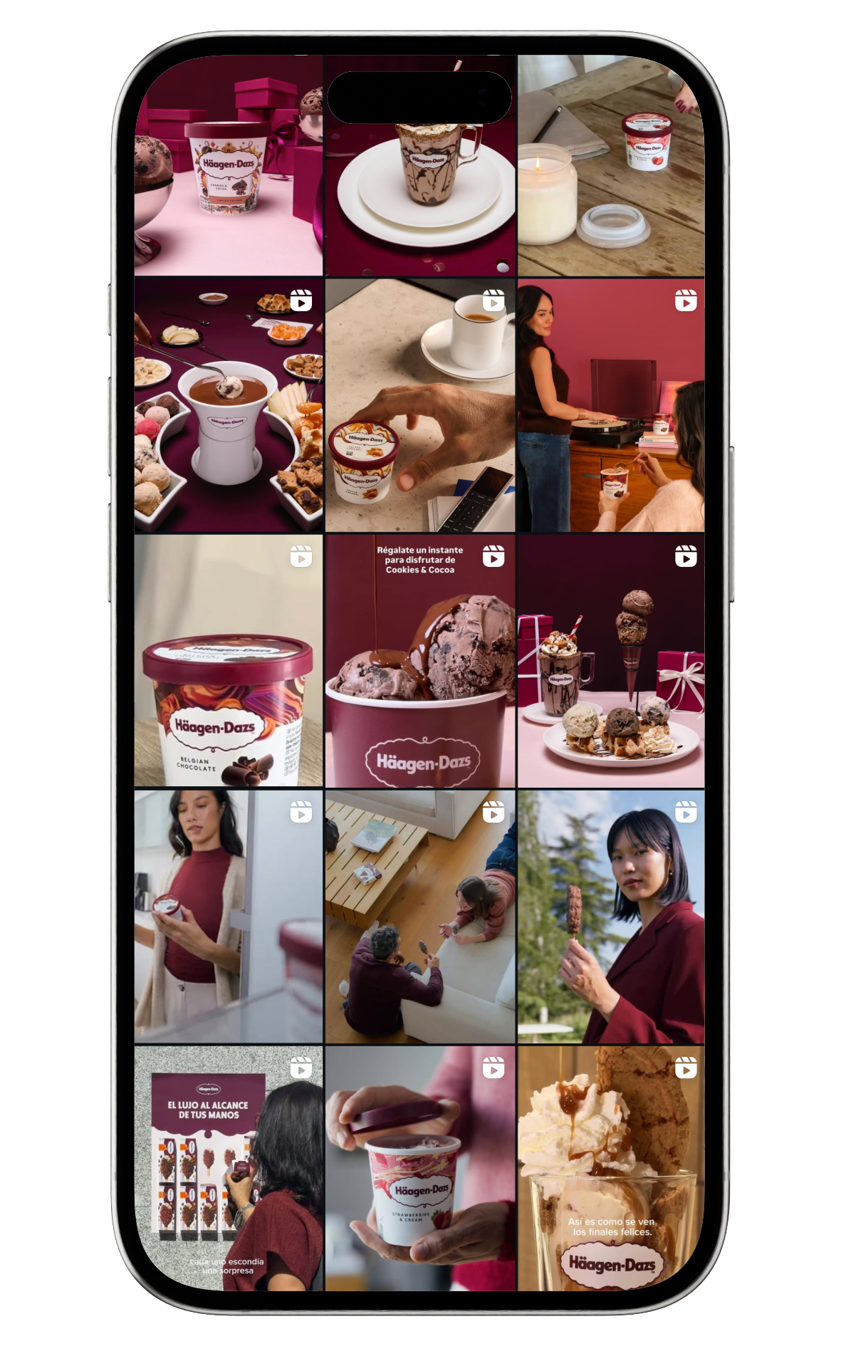 Instagram grid on a phone screen showing Häagen-Dazs ice cream in various flavors and settings, including cups, cones, and pints with people enjoying the products.