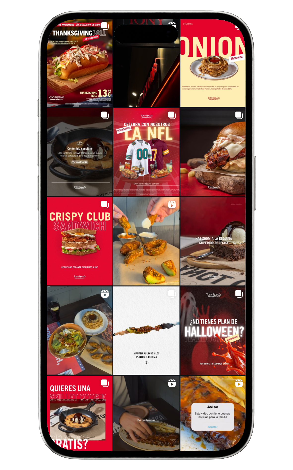 Smartphone screen showing a grid of food and menu promotional posts from Tony Roma's, including sandwiches, desserts, and game day combos.