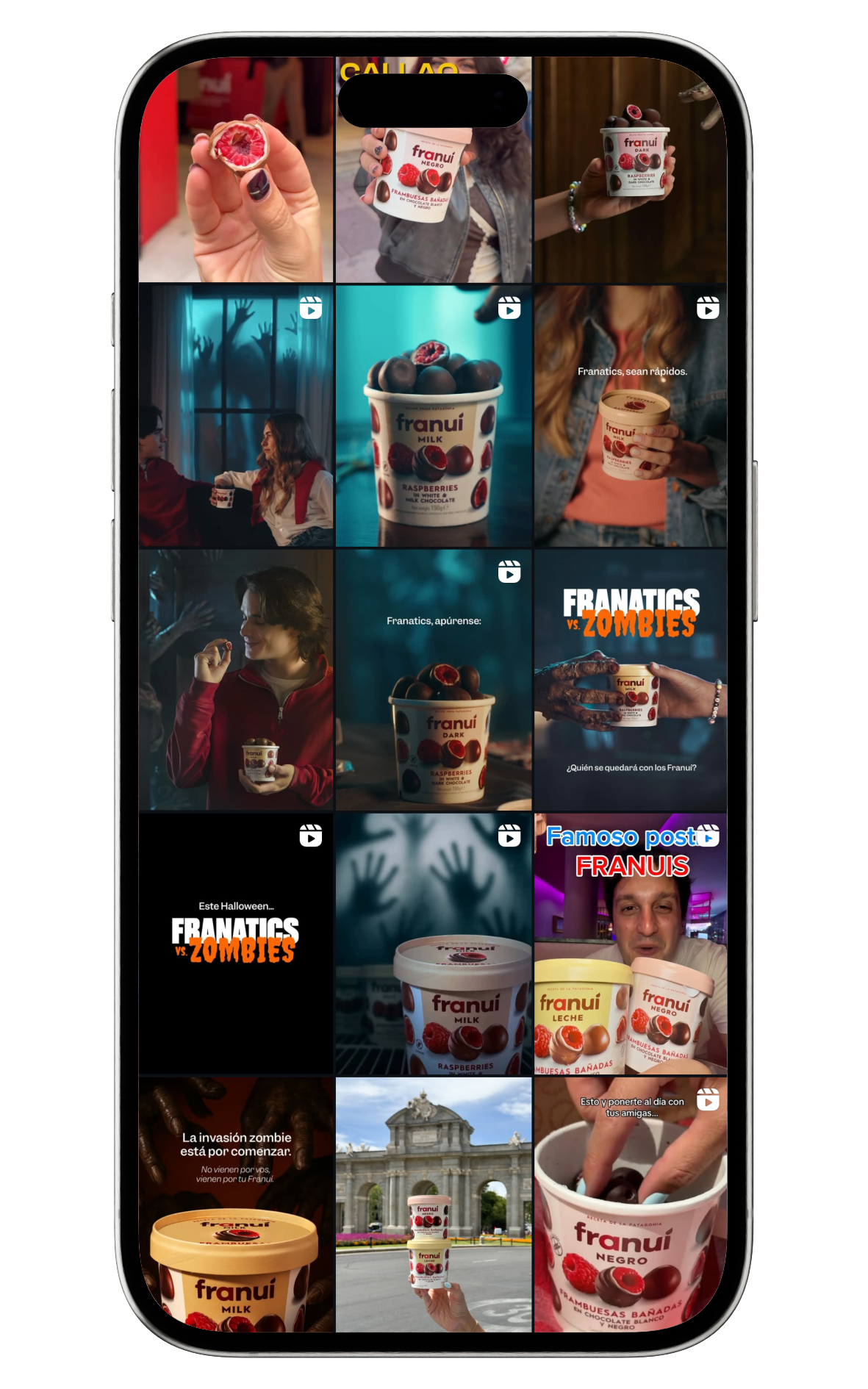 Instagram grid showing various Franui chocolate-covered raspberry products, with some images featuring people holding the product and Halloween-themed zombie graphics.