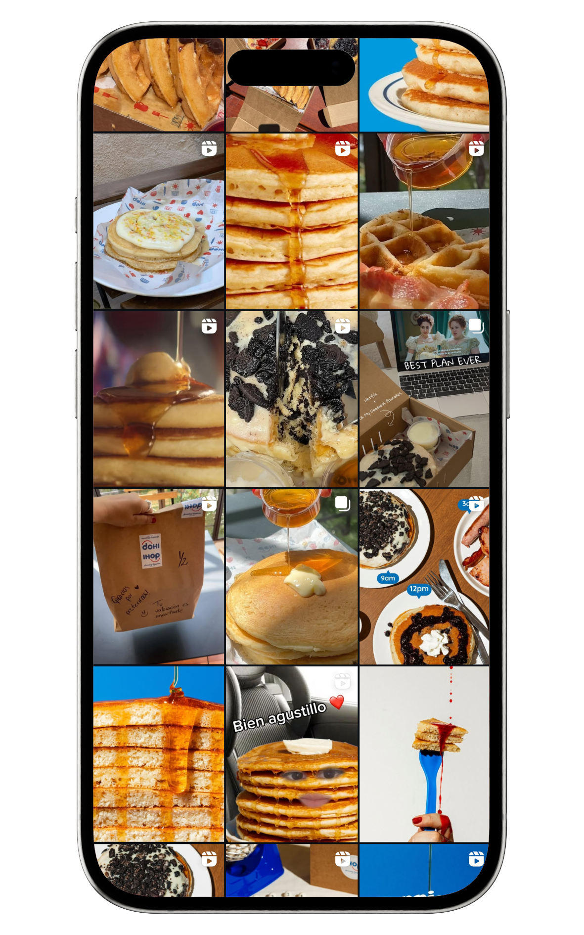 Smartphone screen displaying a social media grid of images featuring pancakes, waffles with syrup, and Oreo-topped desserts.