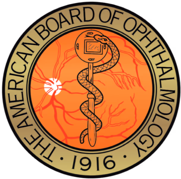 Seal of the American Board of Ophthalmology featuring a snake coiled around a rod with an eye chart inside an orange retina background and the year 1916.