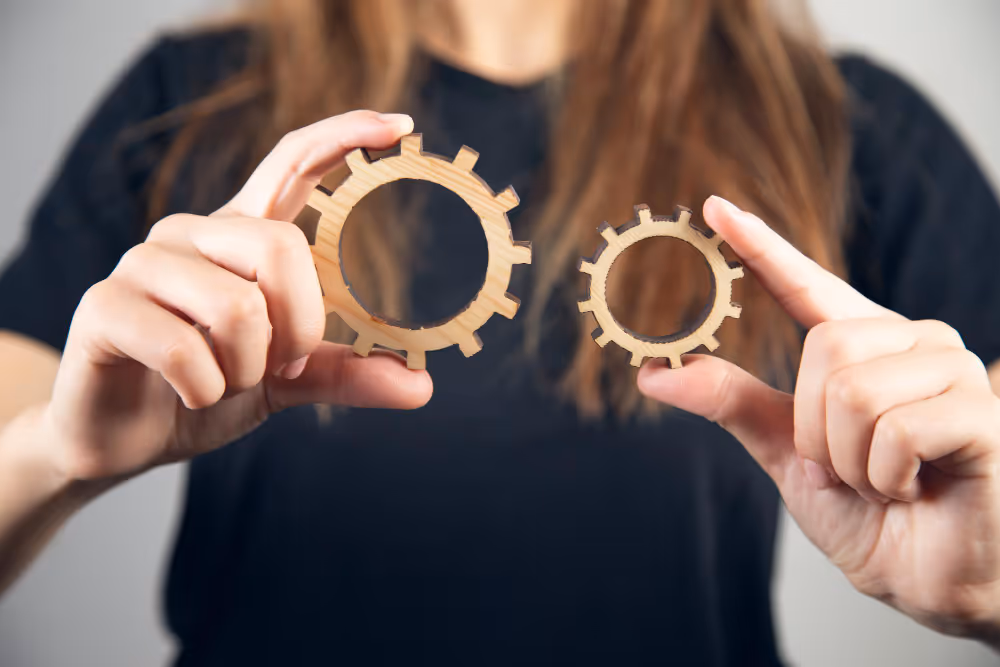 Person hält zwei unterschiedlich große Holzzahnräder vor einem schwarzen T-Shirt.