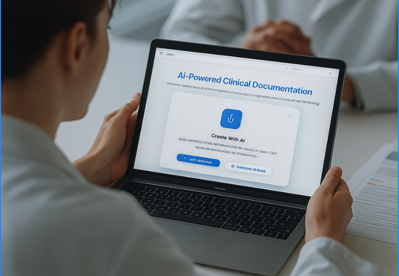 [interface] image of a laptop with ai legal tech software interface in an office