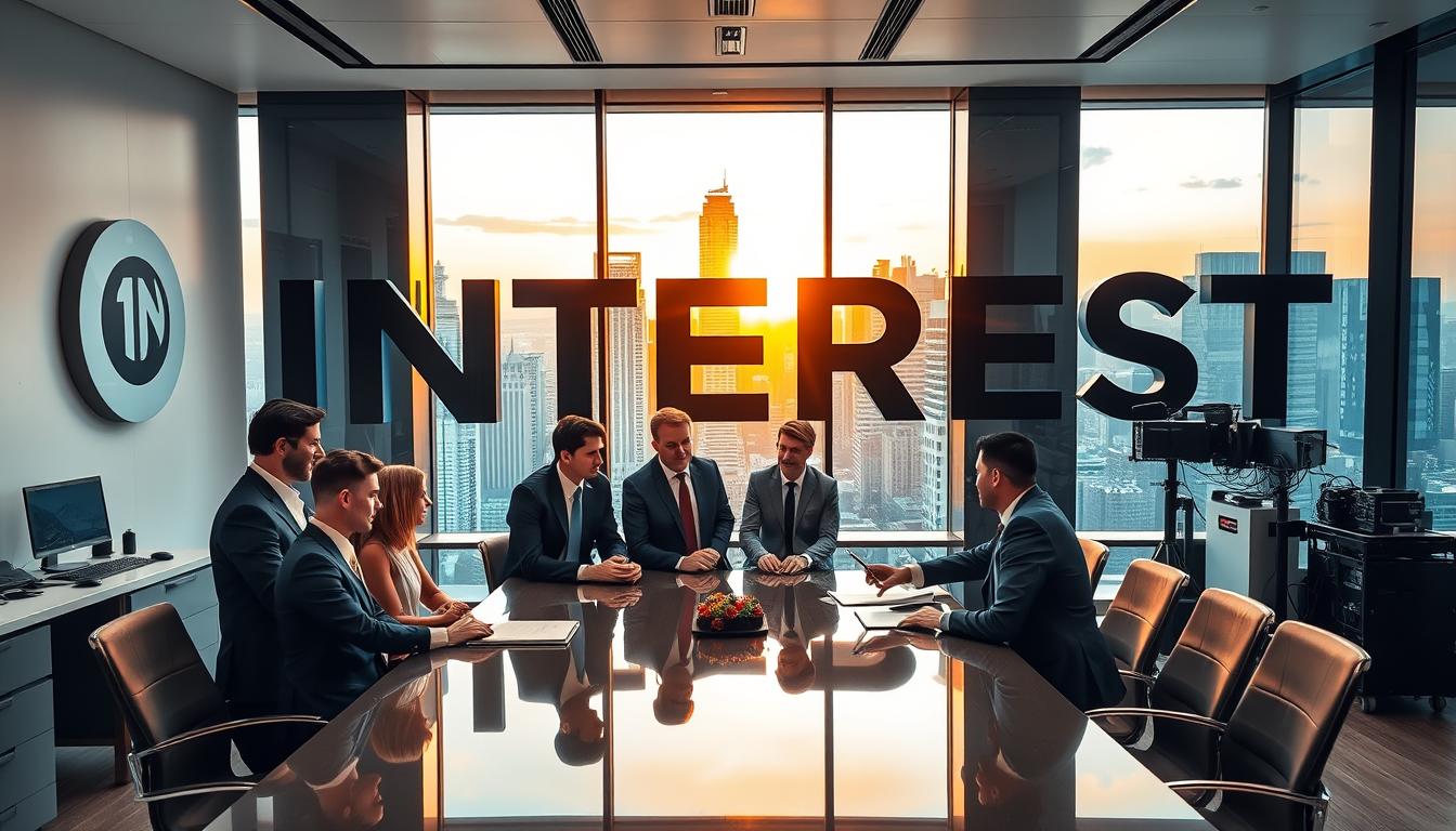 A sleek, modern business office setting with an oversized "INTEREST" logo prominently displayed on the wall. In the foreground, a group of professionals in suits and ties enthusiastically discussing investment opportunities around a polished conference table. The middle ground features a large window overlooking a bustling city skyline, bathed in warm, golden lighting. The background showcases state-of-the-art technology and equipment, conveying an atmosphere of innovation and growth. The overall mood is one of excitement, collaboration, and the promise of prosperous business ventures.