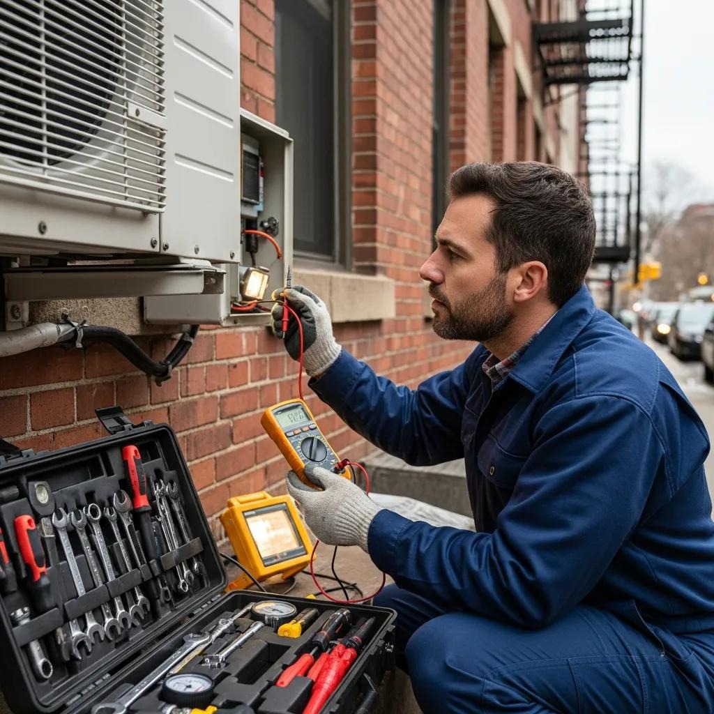 Technician checking an outdoor heat pump unit in an urban Scarborough setting