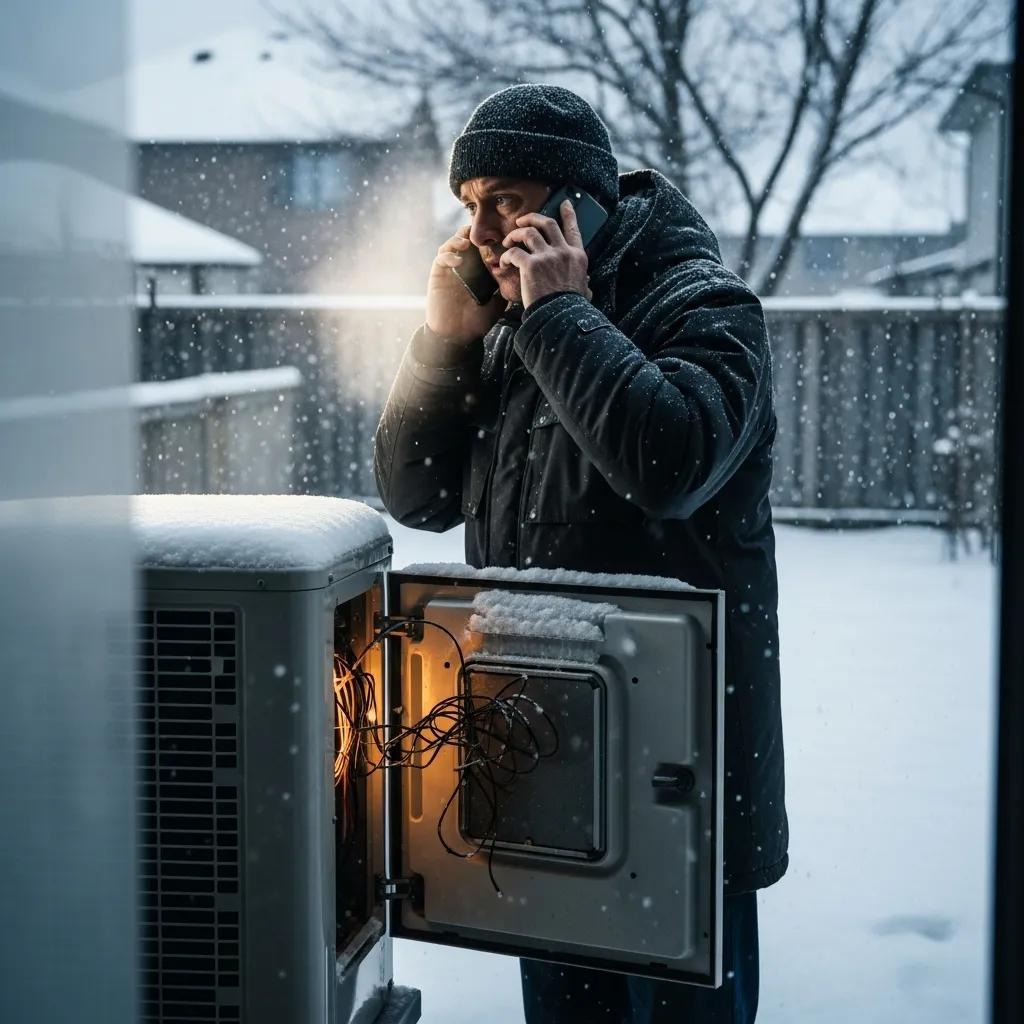 Homeowner calling for emergency heat pump repair during a cold Scarborough winter
