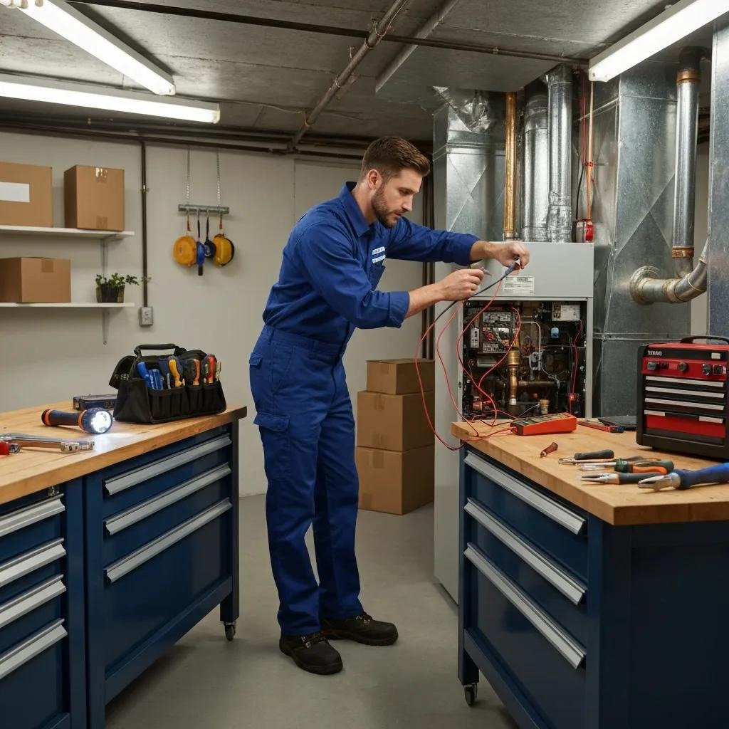Technician servicing a furnace