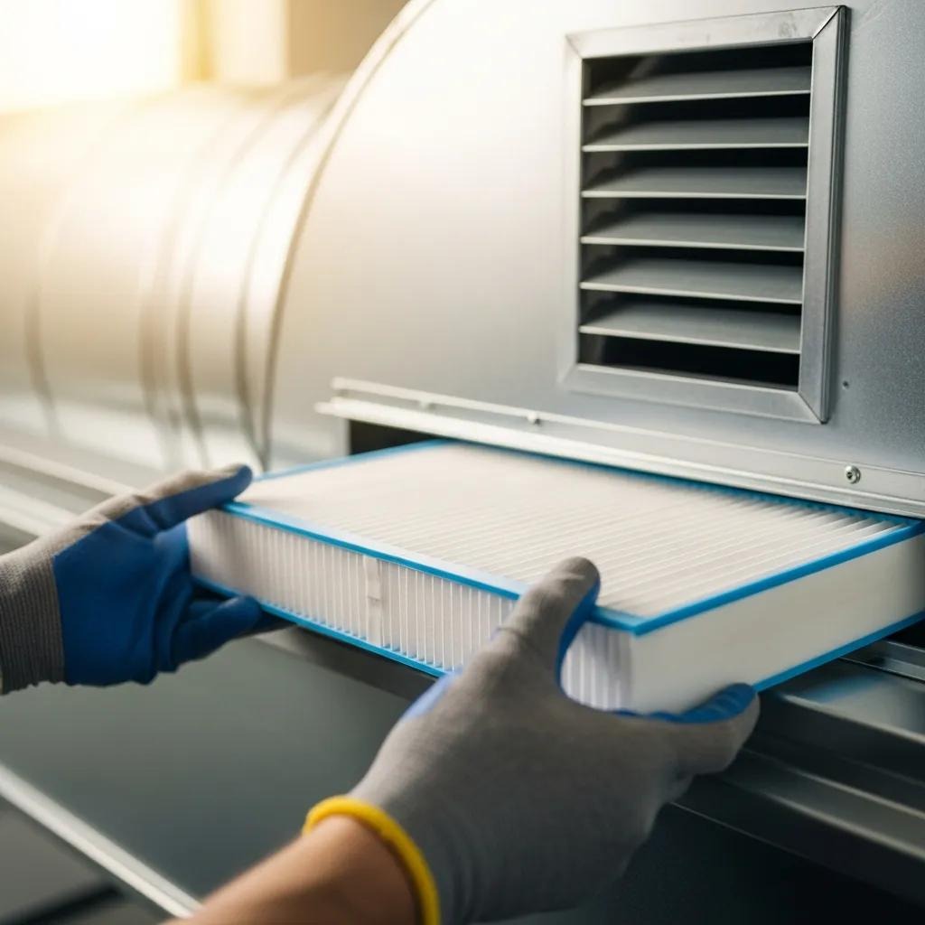 Close-up of a technician replacing an HVAC filter, highlighting spring maintenance tasks