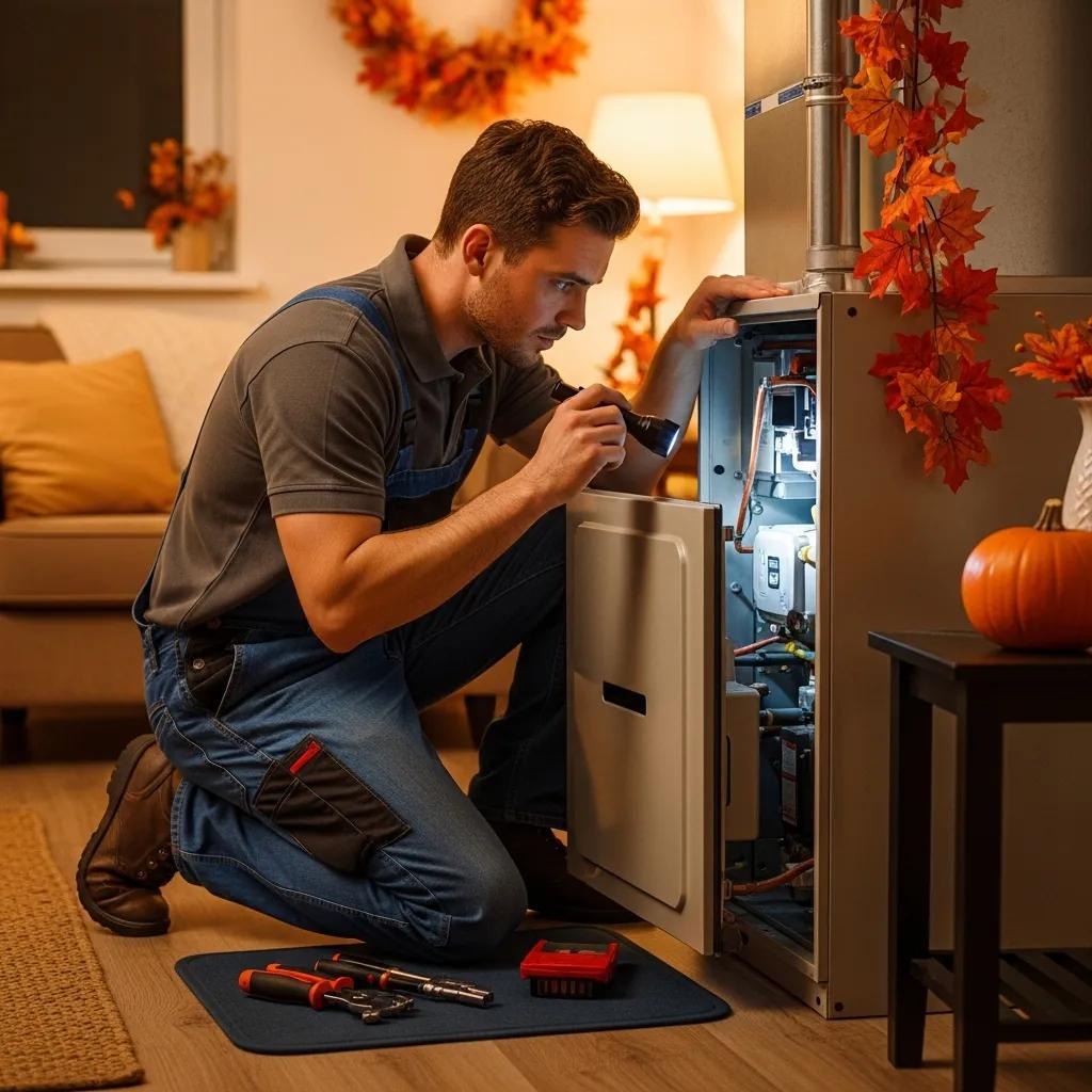 Technician inspecting a furnace in a cozy home setting, emphasizing fall HVAC preparation