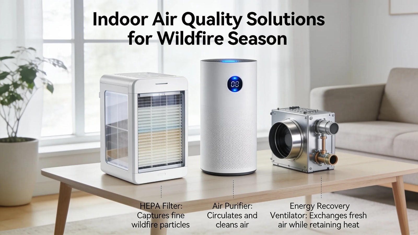 Diverse air filtration systems displayed in a home, highlighting options for improving indoor air quality during smoke events.