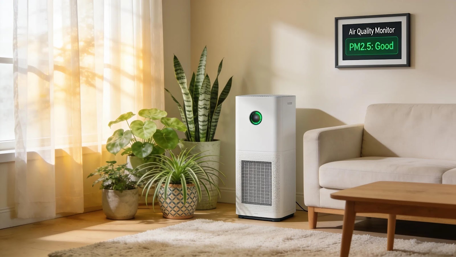 Indoor air quality solutions featuring an air purifier and natural daylight, enhancing home safety during wildfire events.