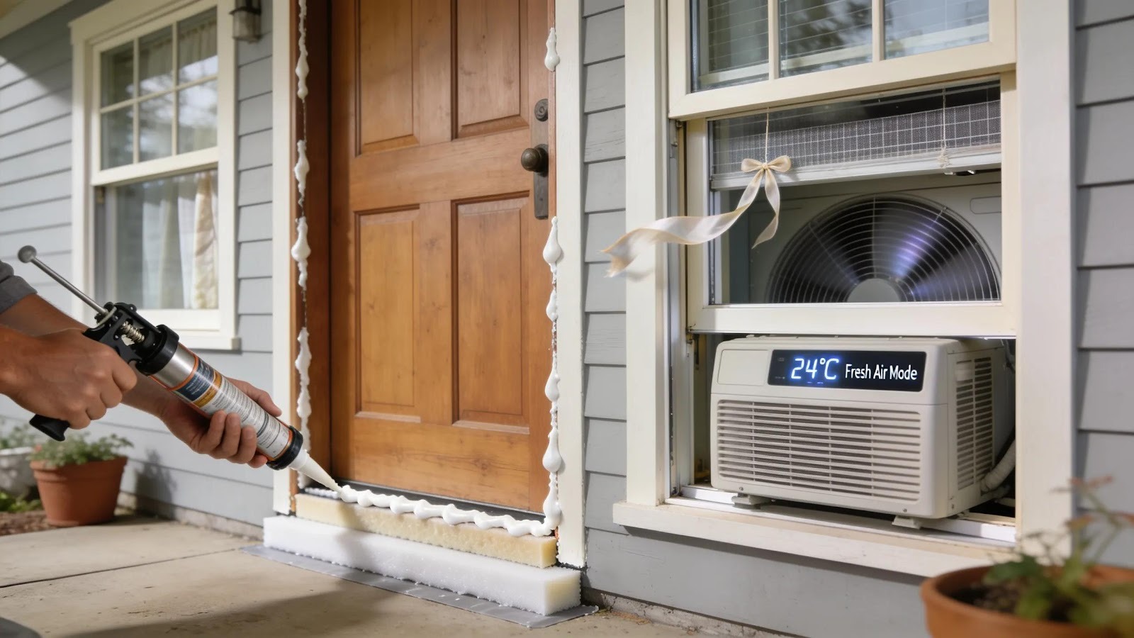Illustration of home sealing methods and ventilation practices aimed at preventing smoke infiltration from wildfires.