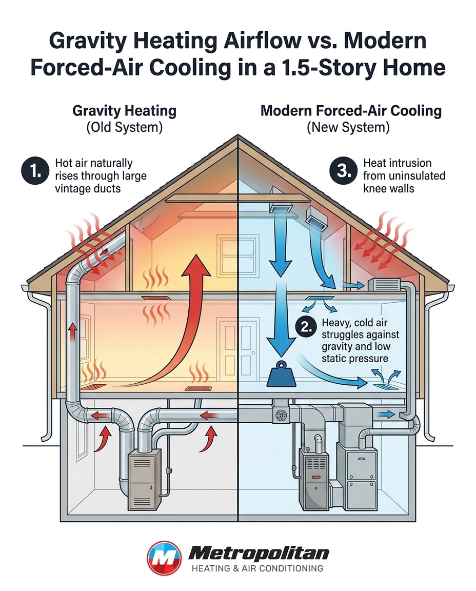 Gravity Heating Airflow vs. Modern Forced-Air Cooling in a 1.5-Story Home