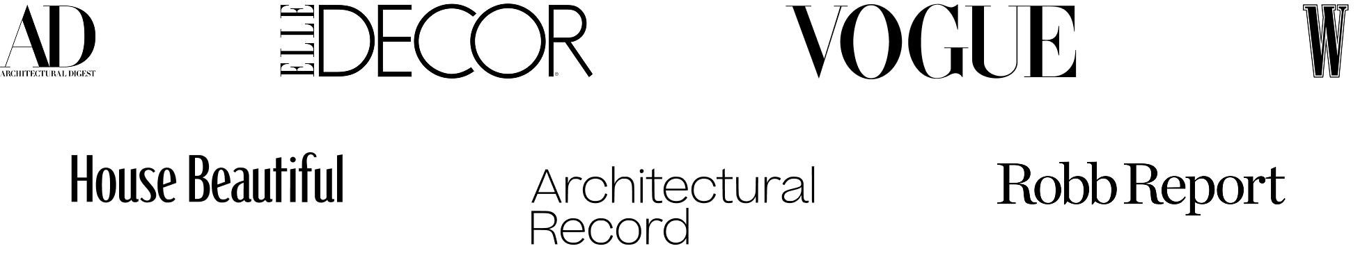 Logos of Elle Decor, Vogue, W, and Robb Report magazines in black and white.