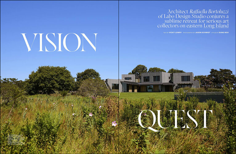 Magazine interior featuring a CNR Group luxury home construction project: Modern gray house with large windows set behind tall green grass and trees under a clear blue sky.