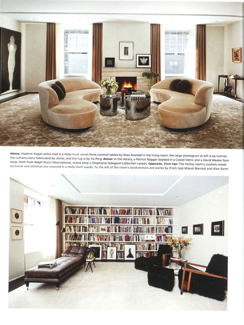 Magazine article featuring CNR Group luxury home builders project interiors: Living room with two curved beige velvet sofas facing a fireplace with three framed artworks above, brown curtains, metallic cocktail tables with flowers, and a black cat near a console table.